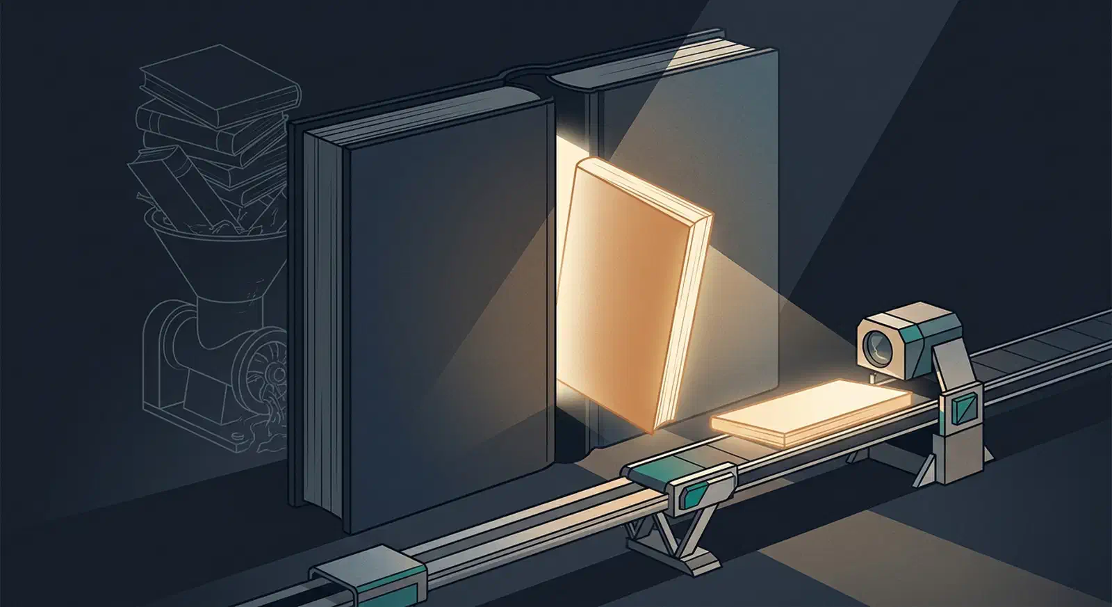 An open book with one glowing chapter sliced out and carried on a rail toward a small robotic reading head