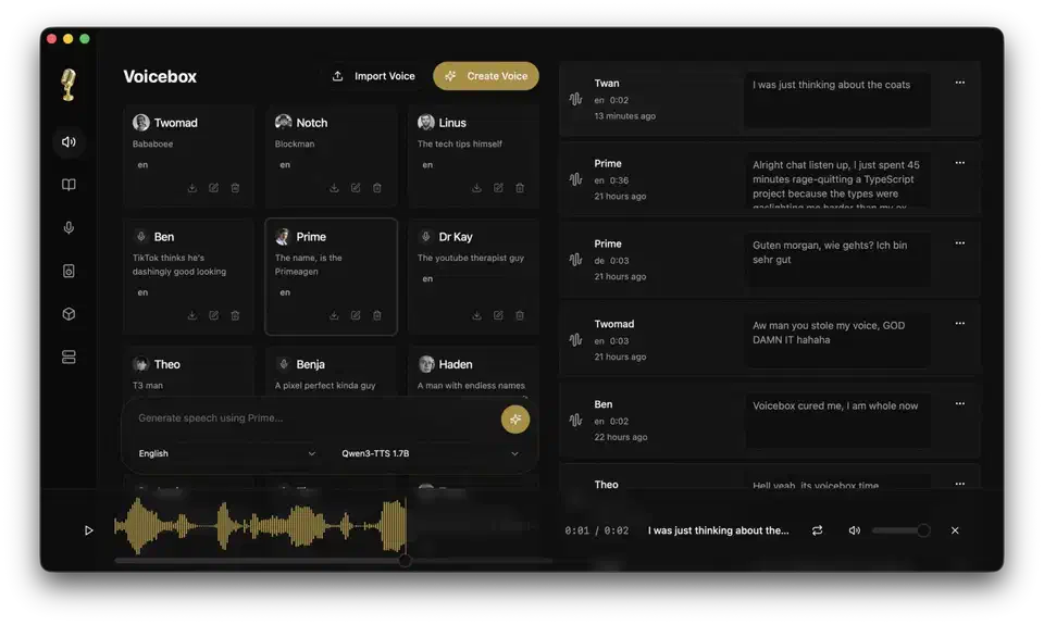 Voicebox desktop app window with the text input box on the left, a voice profile list, and generation controls for engine and seed