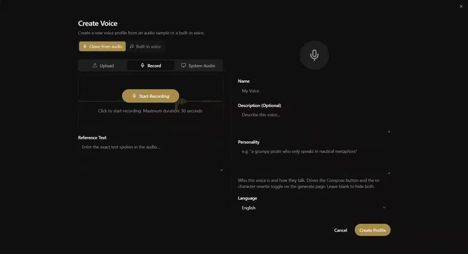 Voicebox voice profile screen recording a reference sample, with a live microphone waveform and a record button