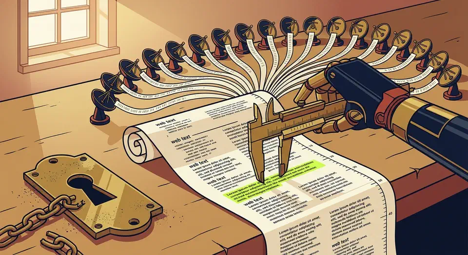 Robotic arm using brass calipers to clamp a highlighted sentence on a scroll of web text, with unused padlock nearby