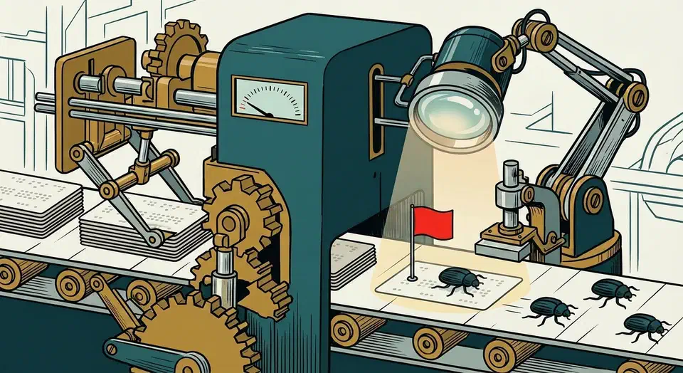 Alibaba Open Code Review trades recall for precision, using roughly a ninth of the tokens a general agent burns. See what that trade really costs you. Two-part inspection machine over a conveyor of code plates, flagging one beetle-shaped defect while four others crawl away unnoticed