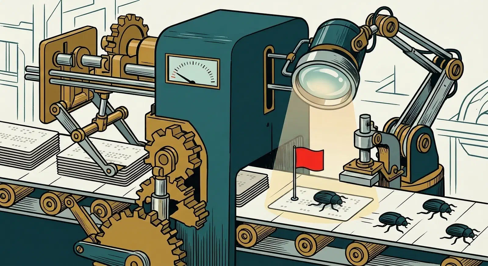 Two-part inspection machine over a conveyor of code plates, flagging one beetle-shaped defect while four others crawl away unnoticed