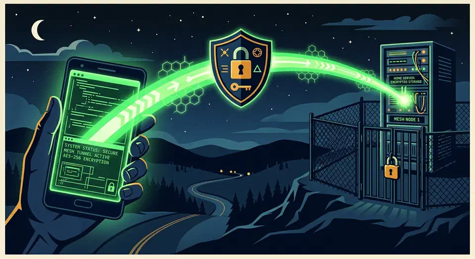 An Android phone with a green terminal screen sending an encrypted beam across a night landscape to a locked home server rack
