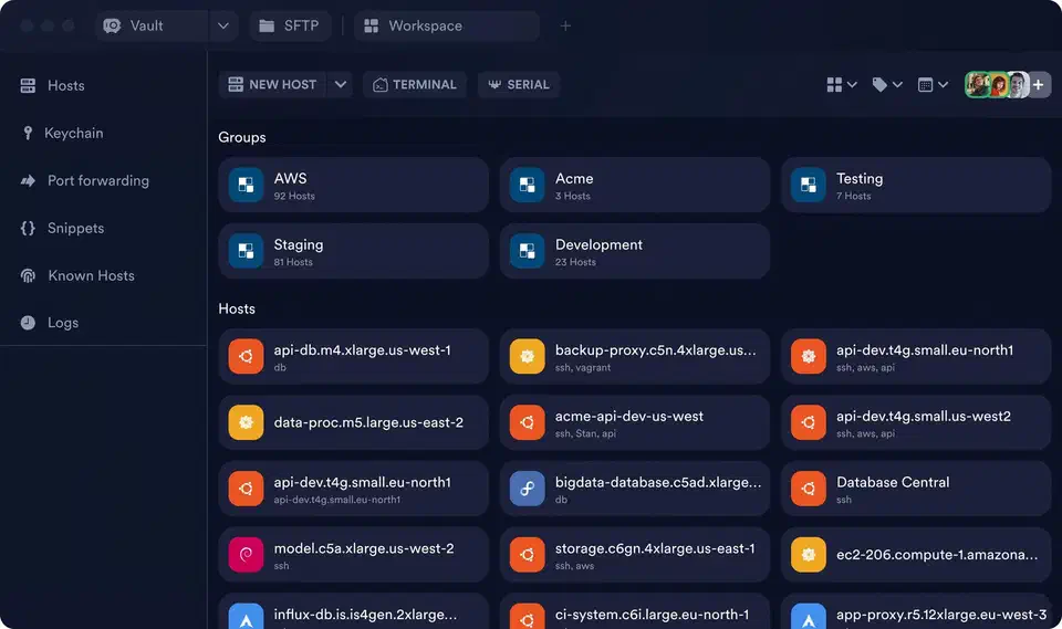 Termius host list grouped into AWS, Acme, Staging, and Development folders with a Keychain and Port forwarding sidebar