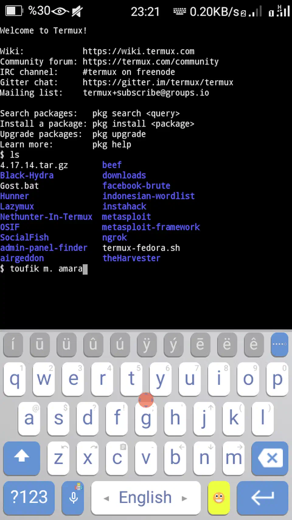 Termux terminal showing the welcome screen and a package listing above the configurable extra-keys row on an Android keyboard