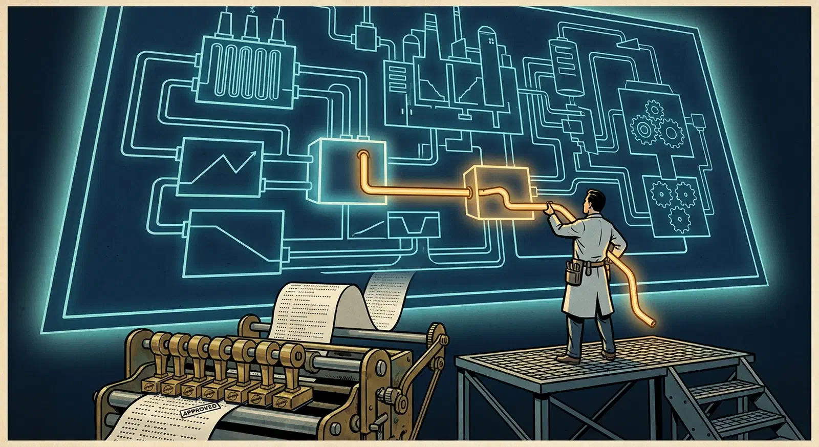 Technician pulling one glowing route out of a large architecture diagram while a nine-arm inspection gate stamps typed data below