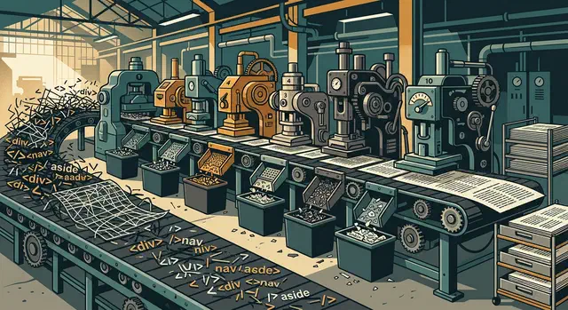 Factory conveyor carrying tangled HTML tags into a row of ten stamping machines that output stacks of clean plain text pages