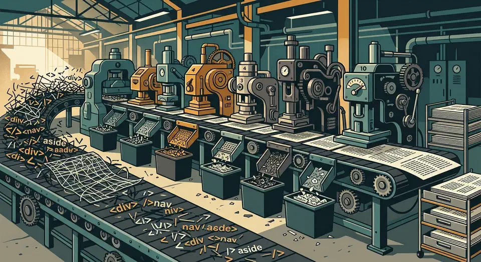 HTML to Markdown tools tested on 10 real pages with 273 probes. Go html-to-markdown and markdownify tie at 96 percent, pandoc trails at 76 percent. Factory conveyor carrying tangled HTML tags into a row of ten stamping machines that output stacks of clean plain text pages