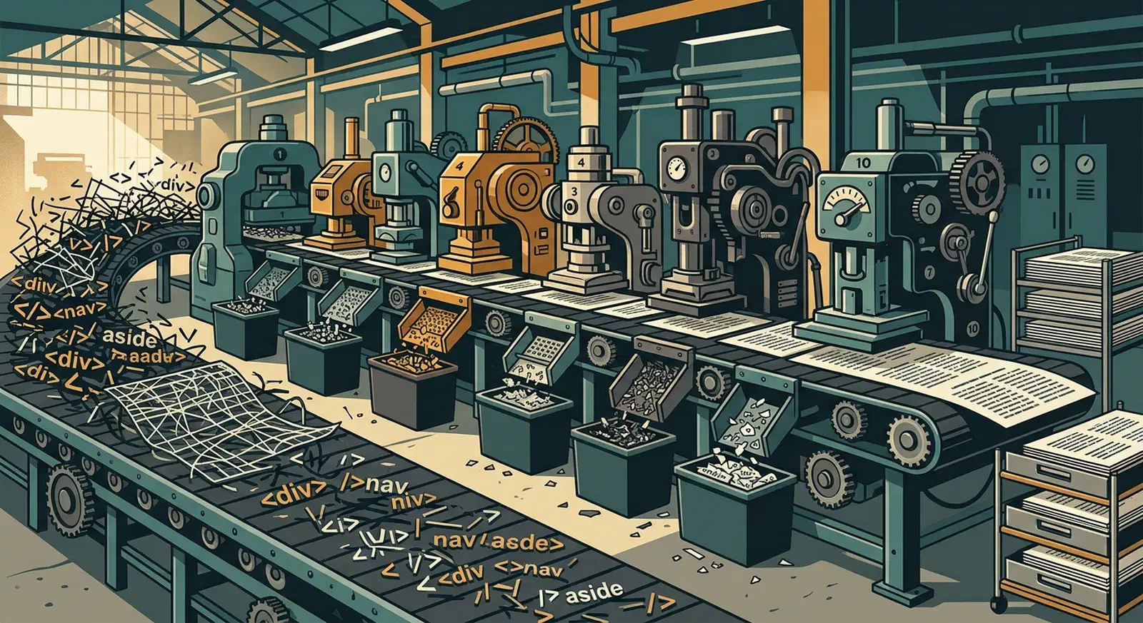 Factory conveyor carrying tangled HTML tags into a row of ten stamping machines that output stacks of clean plain text pages