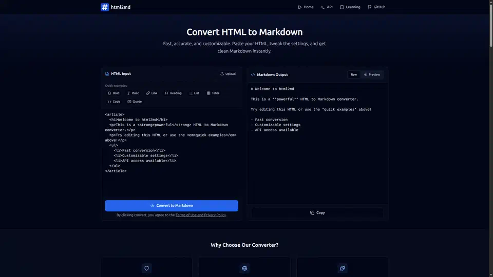 Two-pane web converter with an HTML article on the left and the matching Markdown heading, paragraph and bullet list on the right