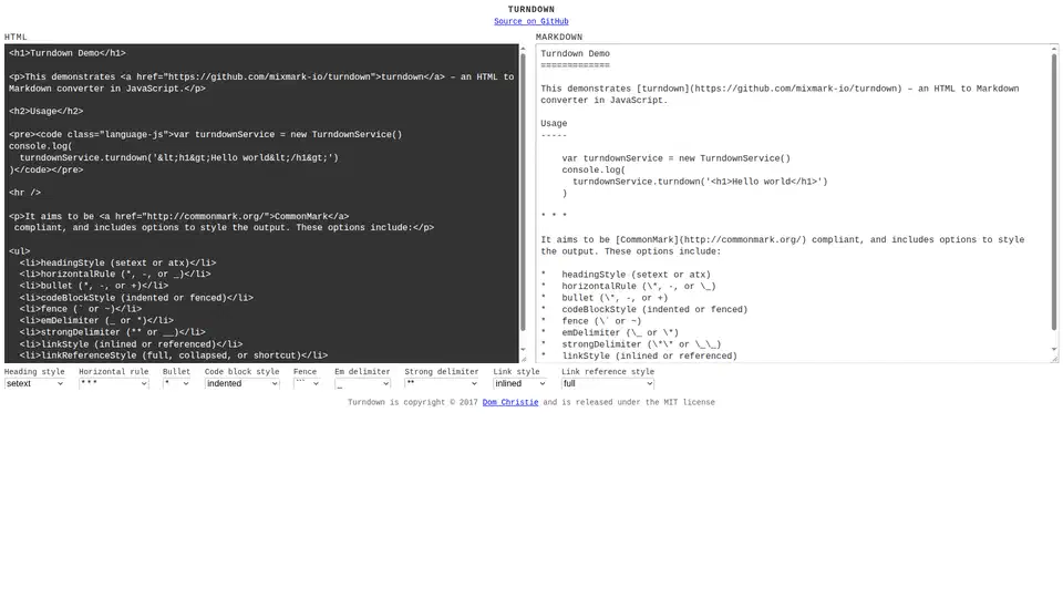 Turndown demo page showing HTML on the left, converted Markdown on the right, and a row of dropdowns for heading style, bullet character and code block style
