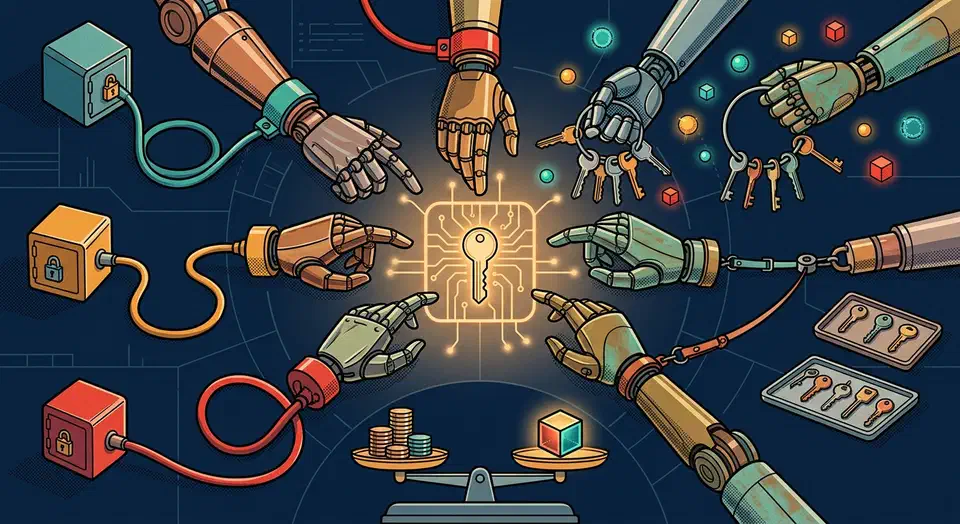 Seven robotic hands reach for a glowing key, three chained to vendor vaults, two holding open rings of swappable model keys, two on short routed leashes, beside a cost-balance scale