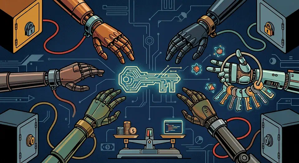 Compare the top AI coding agents on real cost per finished task and model lock-in, with terminal vs editor fit, autonomy, and which let you swap LLMs. Five robotic hands reach for a glowing key, four chained to vendor vaults and one holding swappable model keys beside a cost-balance scale