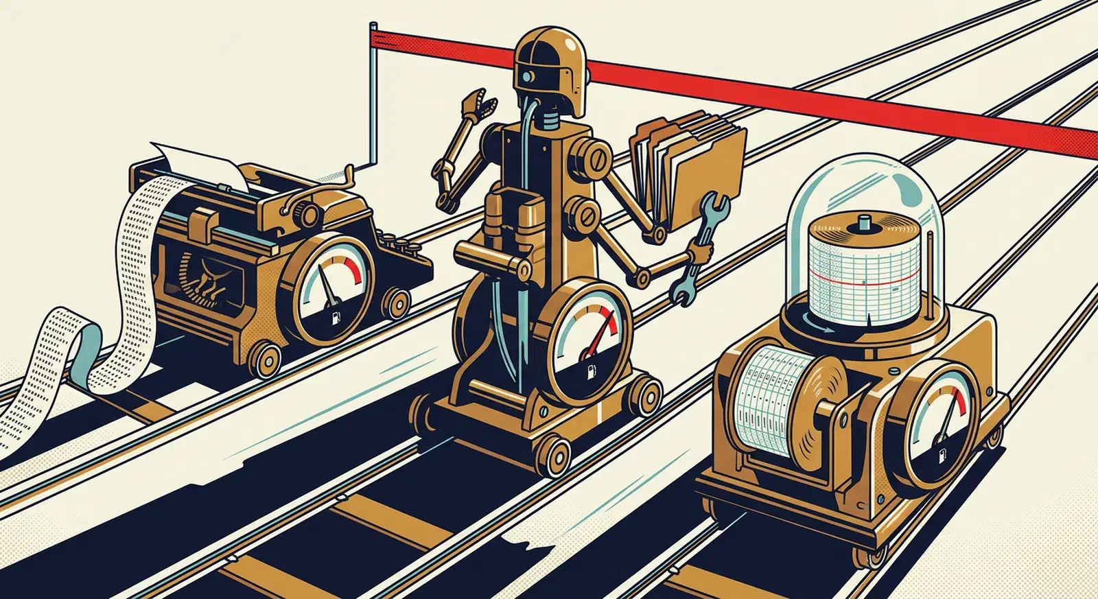 Three racing machines on parallel tracks heading for a finish line, each with a fuel gauge showing a different level