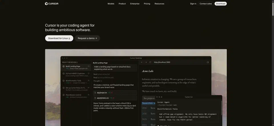 Cursor home page with the tagline Cursor is your coding agent for building ambitious software above a desktop screenshot listing five queued tasks marked Ready for Review