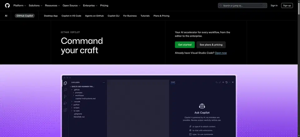 GitHub Copilot product page with the headline Command your craft and a VS Code window showing the Ask Copilot chat panel beside a file explorer