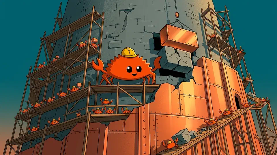 Shipyard with four finished rust-orange steel ships in front of timber ships patched with steel plates by welding robots