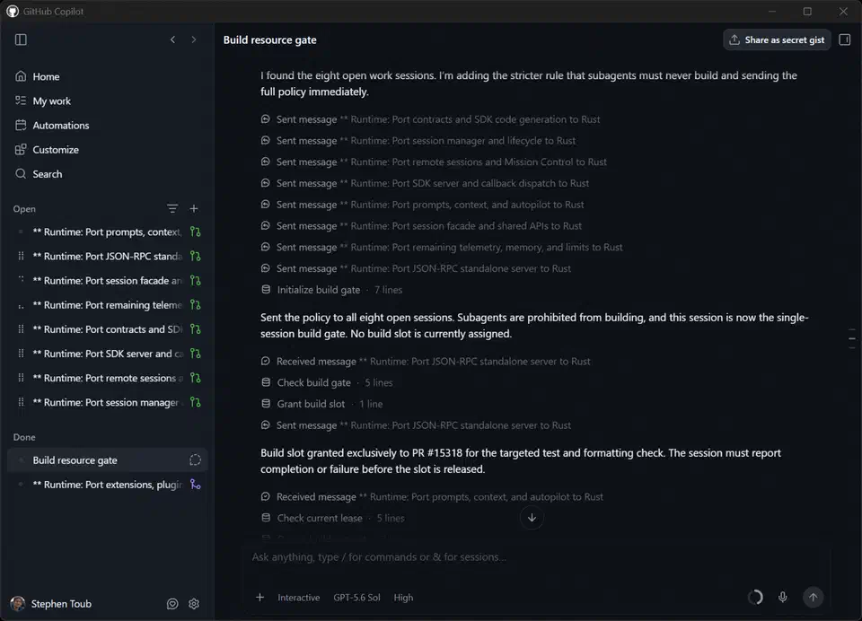 GitHub Copilot app session where a coordinator agent grants one build slot at a time to eight open runtime port sessions