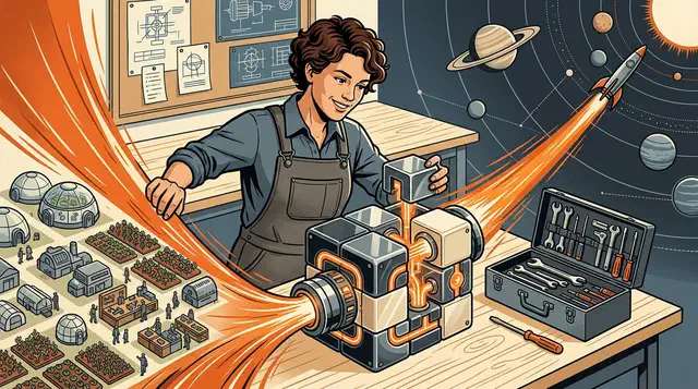 Engineer snapping a module into a glowing engine core that powers a busy colony and launches a rocket toward the planets