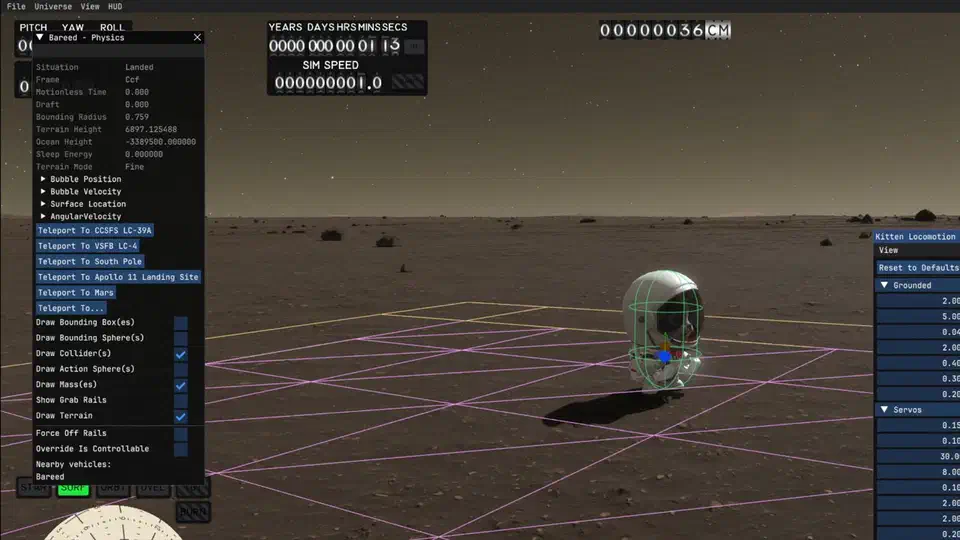 Kitten Space Agency kitten astronaut standing on a rocky surface with collider wireframes and a Dear ImGui physics debug panel