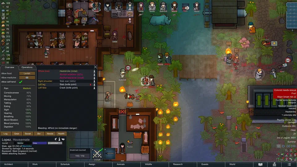 RimWorld 1.7 jungle colony with a colonist health panel open, listing injuries beside a burning firefight