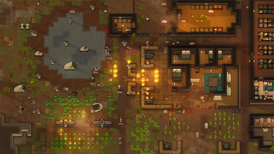 Top-down RimWorld colony defending sandbag walls against a raid while fires burn across its crop fields