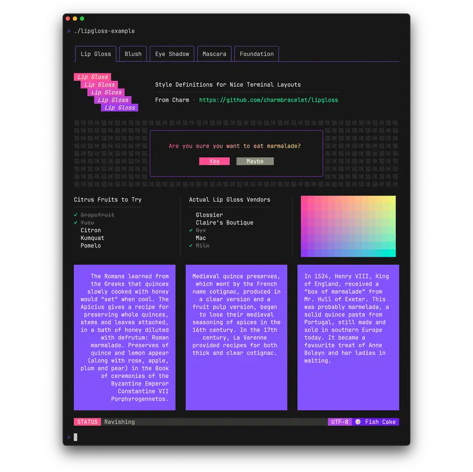 Lip Gloss terminal layout example showing styled text blocks with borders, padding, and color themes