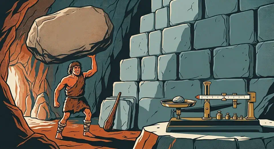 Caveman lifting a huge plain boulder overhead while a brass balance scale beside him weighs it as a tiny pebble