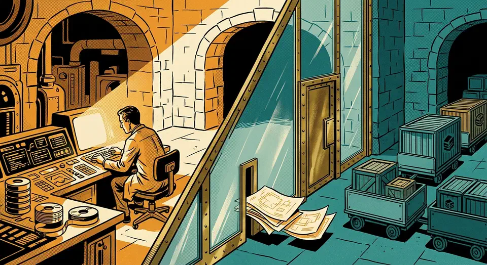 A technician works at a glowing database terminal inside a courtyard sealed off by a new glass wall and brass gate