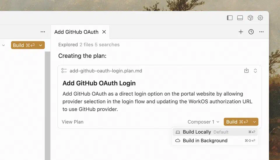 Cursor IDE agent panel showing a multi-file plan being created for adding GitHub OAuth login, with Build and Build in Background options