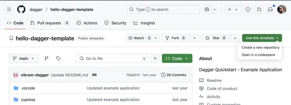 Dagger hello-dagger template repository creation in GitHub showing the template selection interface