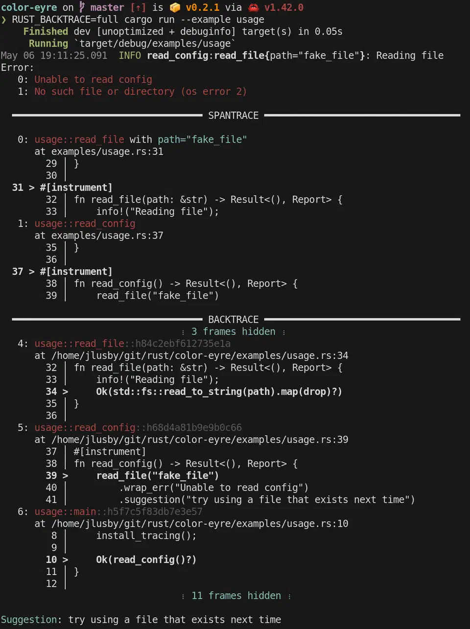 color-eyre error report showing colorized backtrace with source code context and span traces