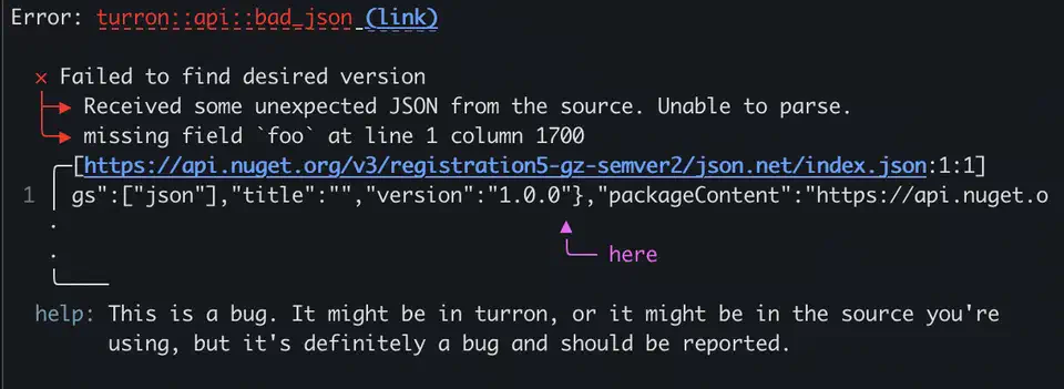 miette diagnostic output showing source code with highlighted error span and contextual help text