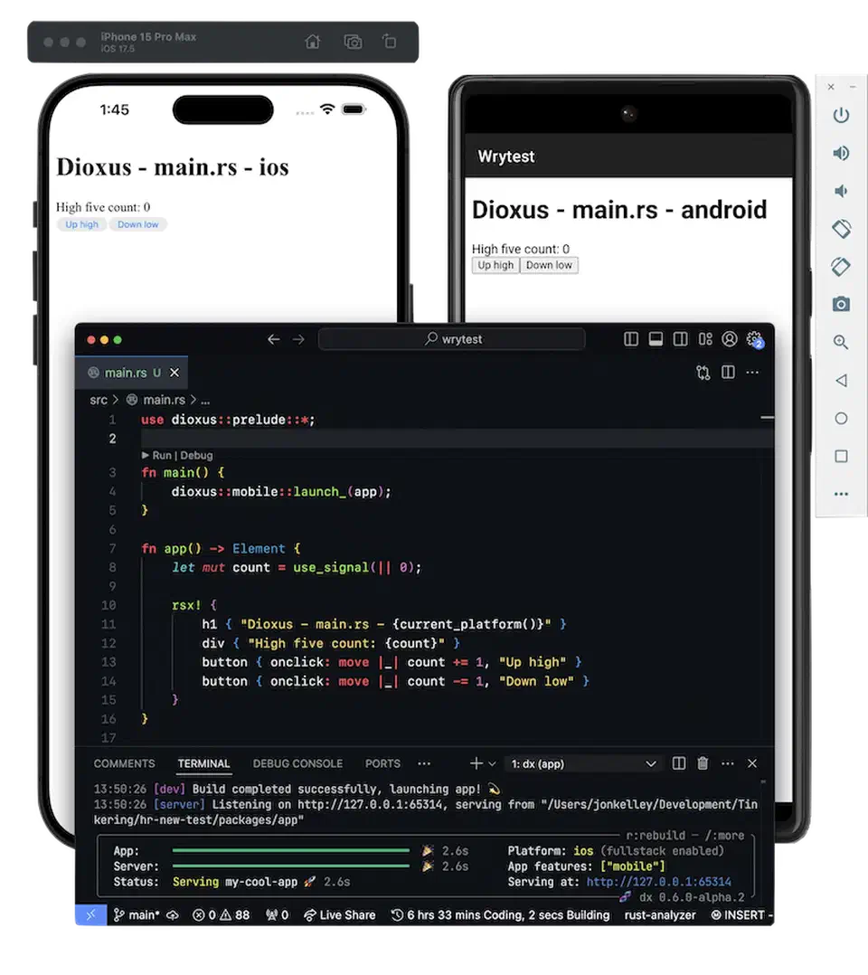 The same Dioxus app running side by side on an Android phone and an iPhone, showing an identical list interface