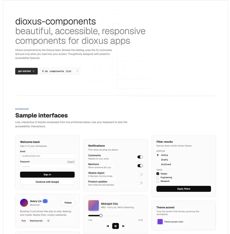 Grid of Dioxus first-party primitive components including tabs, dropdown menus, sliders, calendars, toasts, and dialogs