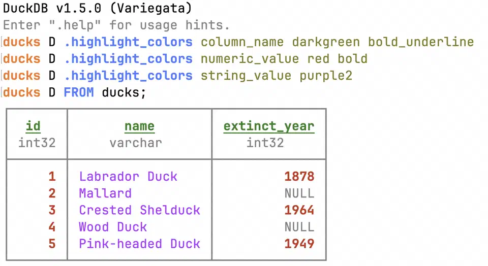 DuckDB CLI with colored output showing query results in the terminal