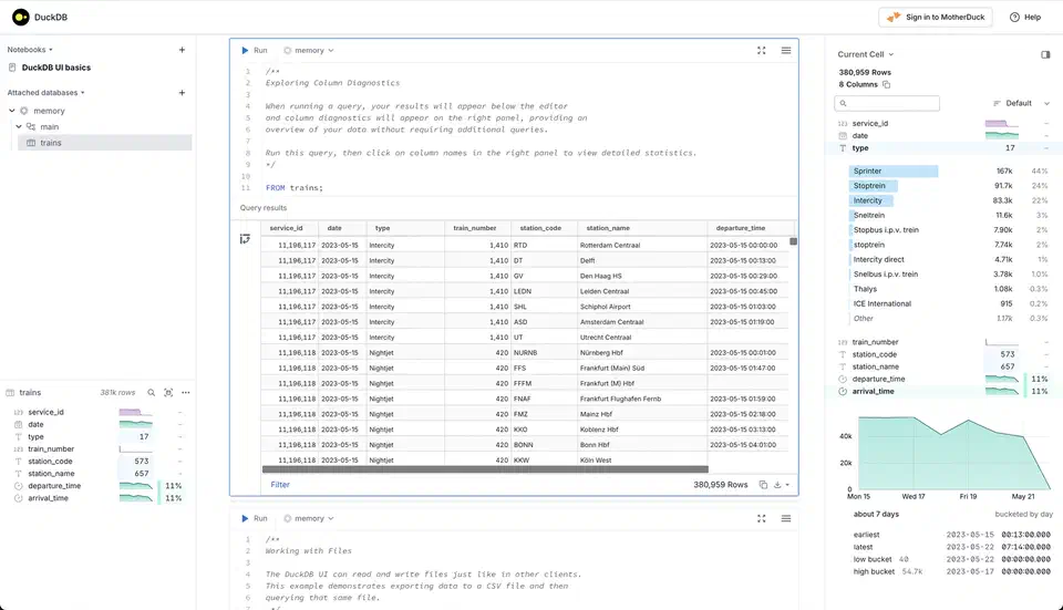 DuckDB local UI showing a SQL notebook interface with query editor, results pane, and database catalog sidebar
