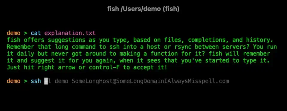 Fish shell autosuggestion showing a greyed-out SSH command completion pulled from history