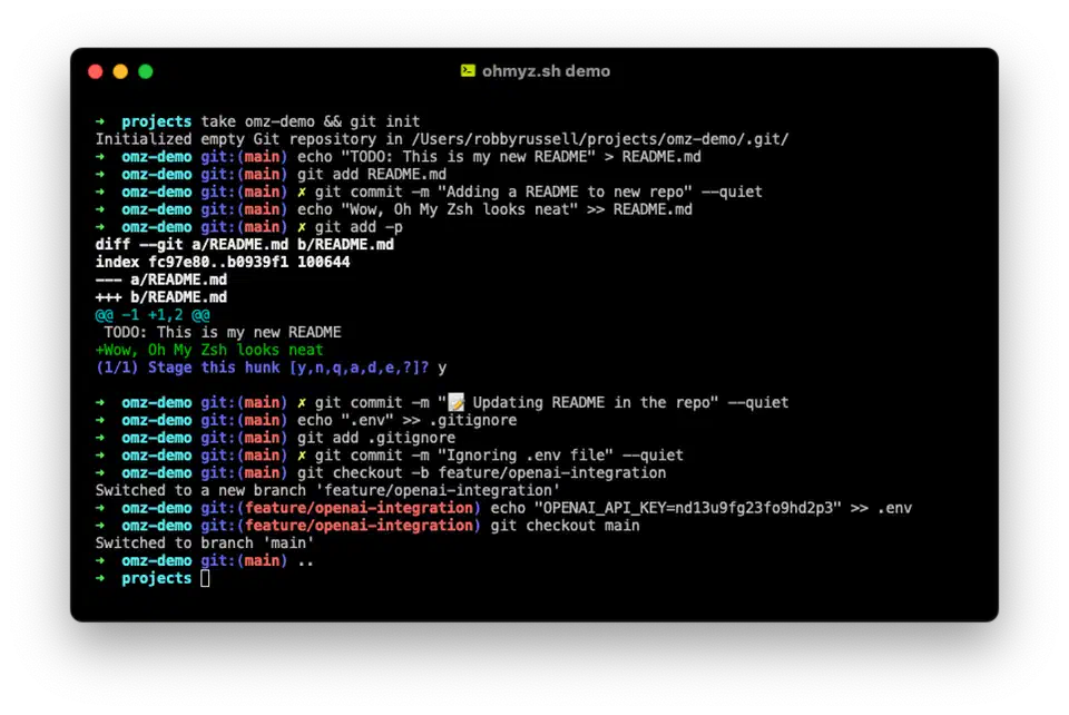 Oh My Zsh robbyrussell theme shown in a terminal window with the classic arrow prompt and Git branch indicator