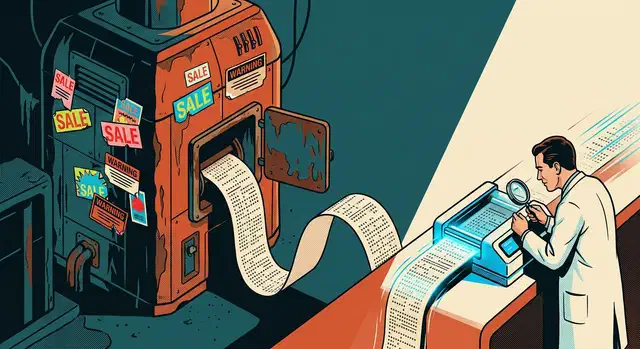 Rusted abandoned machine feeding a long punched rule tape into a small fast modern reader while an engineer inspects it