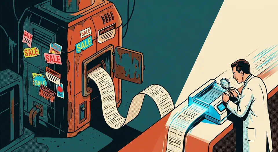 Rusted abandoned machine feeding a long punched rule tape into a small fast modern reader while an engineer inspects it