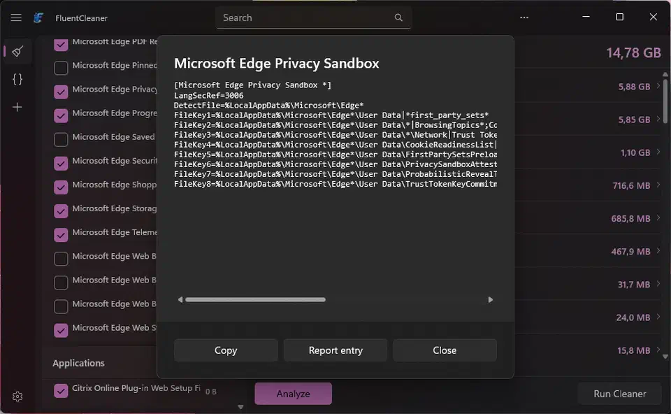 FluentCleaner dialog showing the raw winapp2.ini rule text for Microsoft Edge Privacy Sandbox, listing its DetectFile line and eight FileKey paths