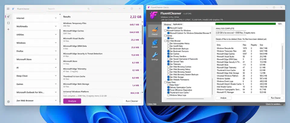 FluentCleaner scan results listing Windows Temporary Files, Microsoft Edge caches and Visual Studio leftovers with file counts and sizes next to each entry