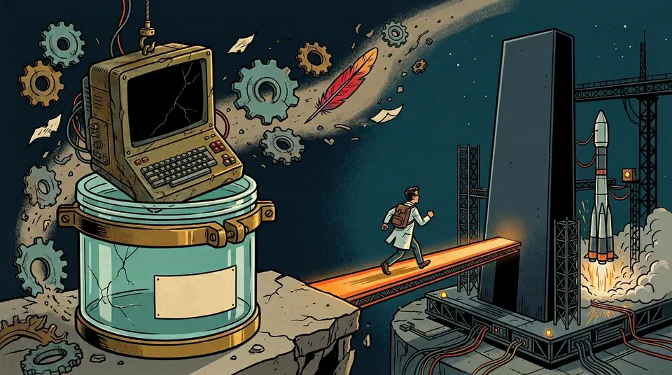 An old open terminal sealed in a specimen jar beside a closed steel monolith labeled agy, with a developer crossing a bridge between them.