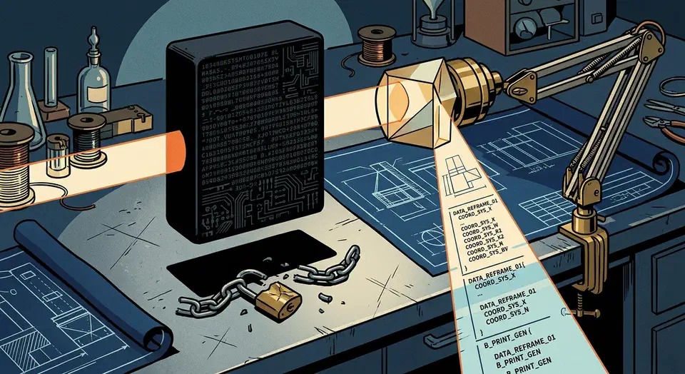 Sealed black monolith of machine code above a workbench, a brass prism lens refracting it into readable blueprint code blocks