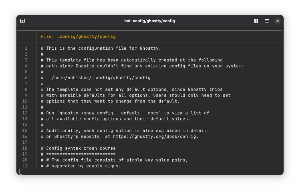 Ghostty configuration file open in a text editor, showing plain key equals value lines for theme, font family, and font size
