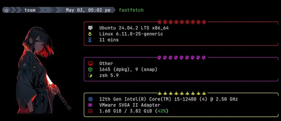 Colour photograph rendered as pixels inside a Ghostty terminal window next to the shell prompt that displayed it