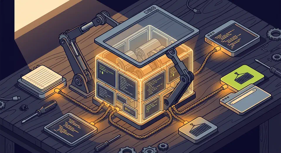 Cutaway of a terminal engine built from stacked glass screens, lifted out of an app shell and wired to four smaller devices