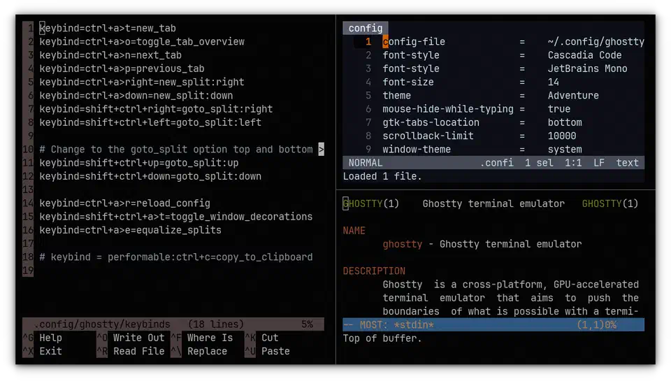 Ghostty window on Linux divided into four terminal panes, each running a different command, with a GTK header bar and tab strip across the top