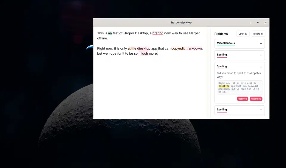 Experimental Harper desktop app built with Tauri, checking a block of text and listing the suggestions beside it